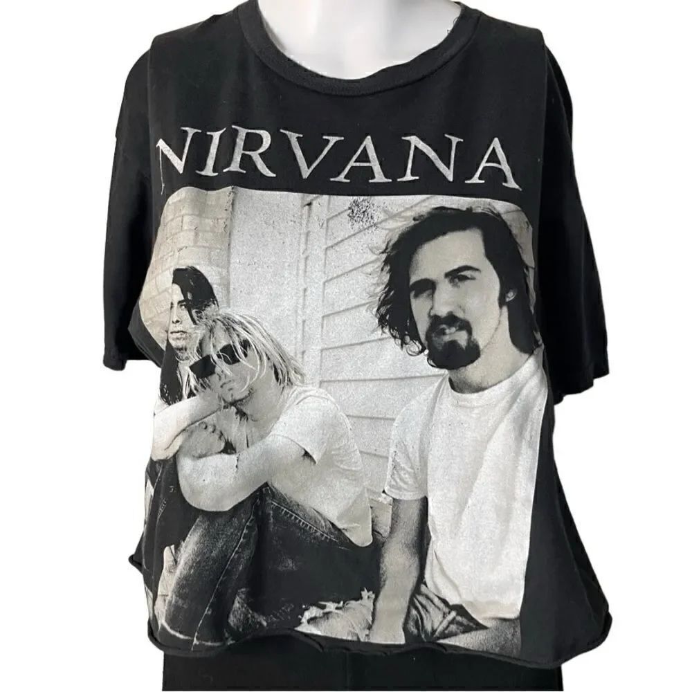 Nirvana Raw Edge Cropped Graphic T-Shirt Black & White Size Small